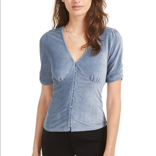 American Rag Juniors' Ruched-Sleeve Rib-Knit Velvet Top Dark Blue Size Extra Small