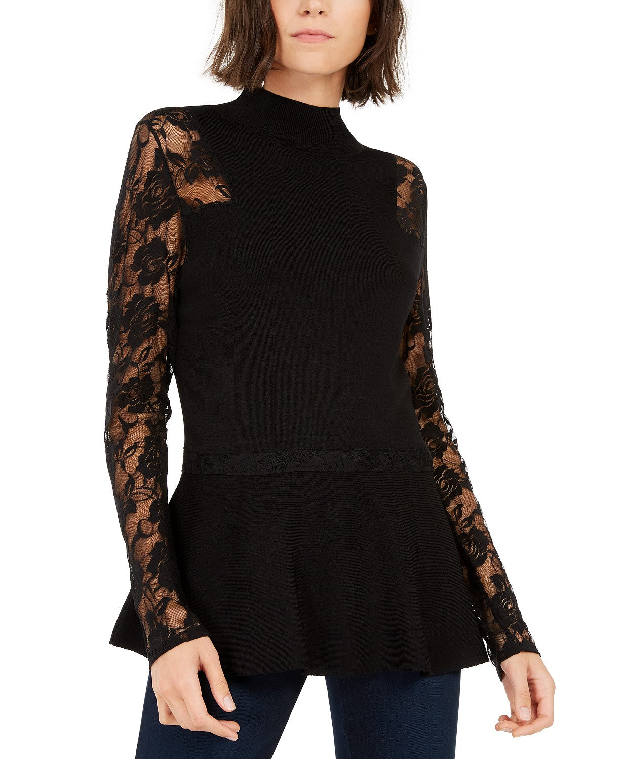 INC International Concepts Women's Petite Lace Peplum Sweater Black Size Small