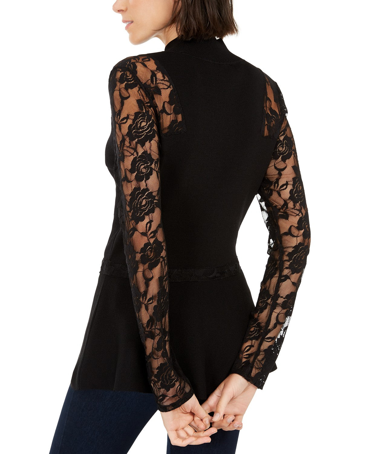 INC International Concepts Women's Petite Lace Peplum Sweater Black Size Small