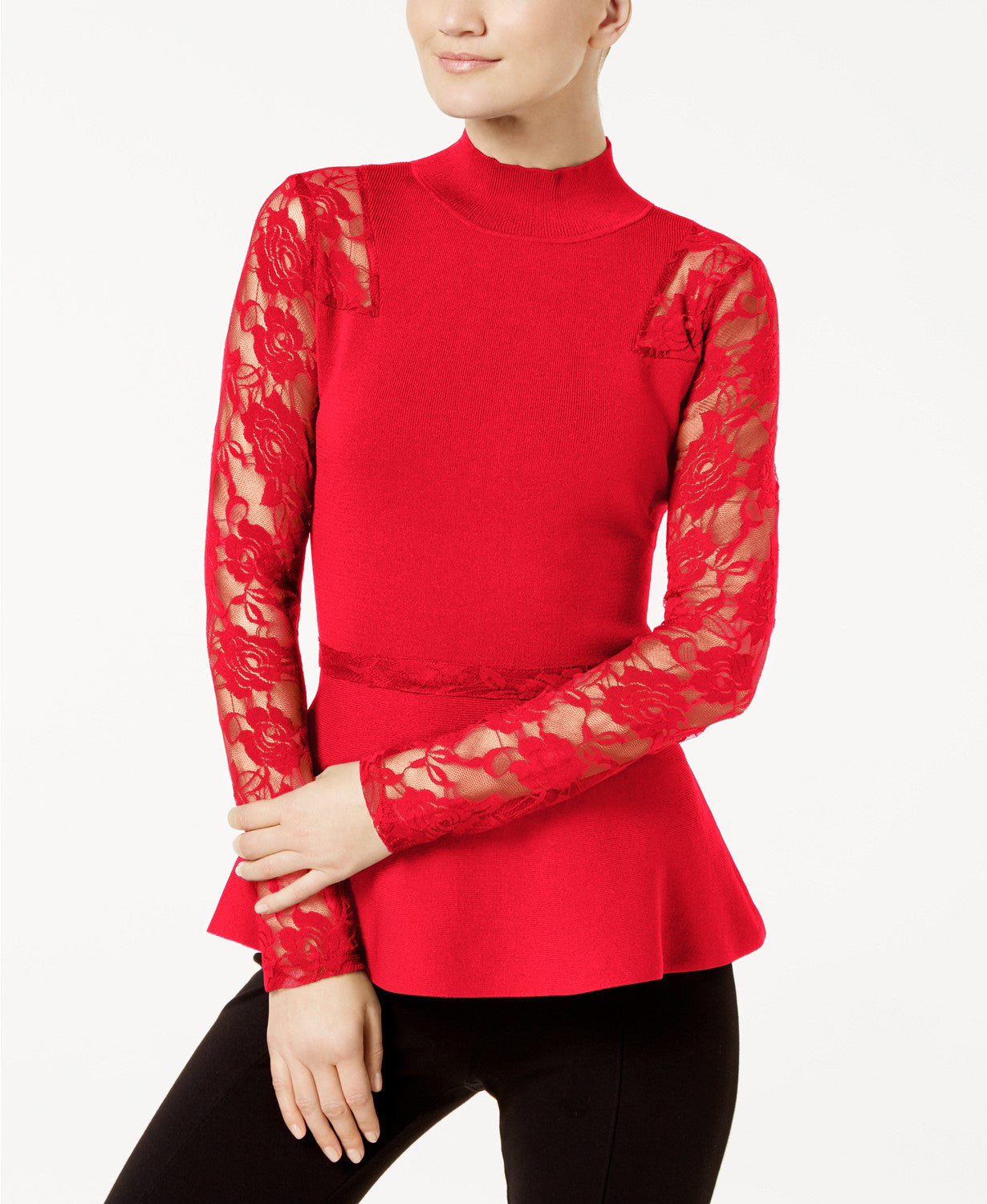 INC International Concepts Women's Petite Lace Peplum Top Red Size Small