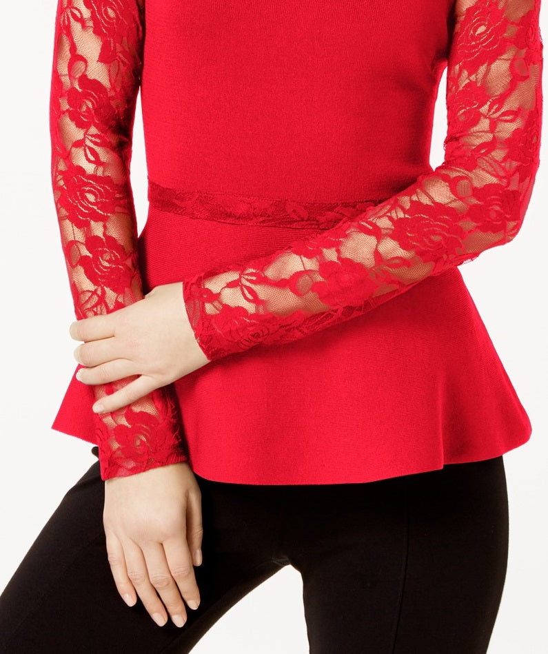 INC International Concepts Women's Petite Lace Peplum Top Red Size Small