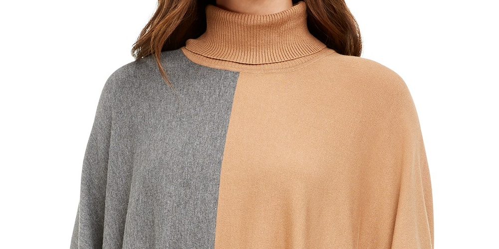 Alfani Women's Turtleneck Colorblock Poncho Sweater  Brown Size Large