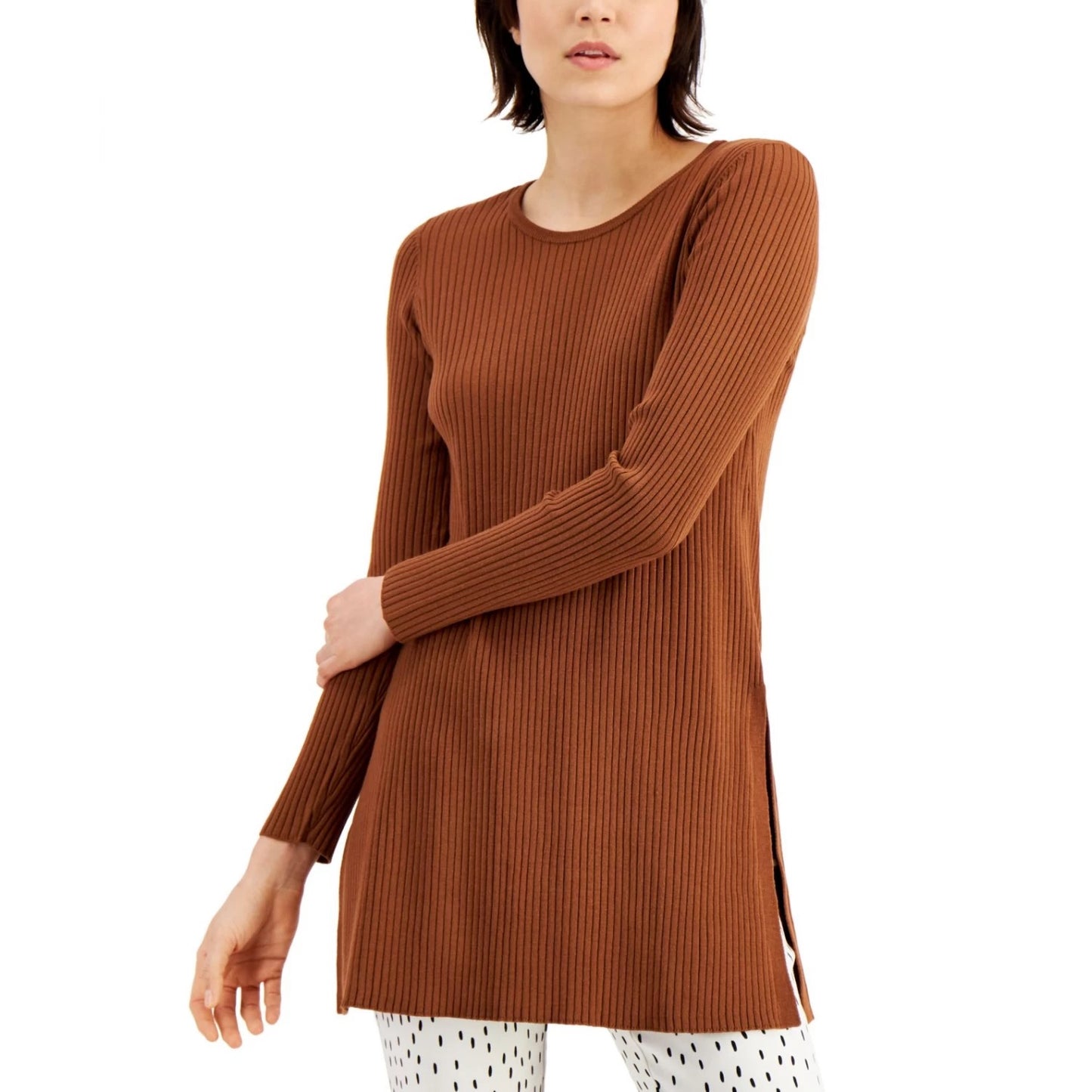 Alfani Women's Ribbed Tunic Sweater Past Brown Size X-Small