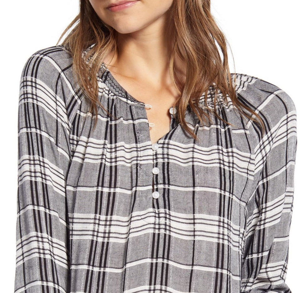 Lucky Women's Brand Jessica Plaid Popover Blouse Black Size Medium