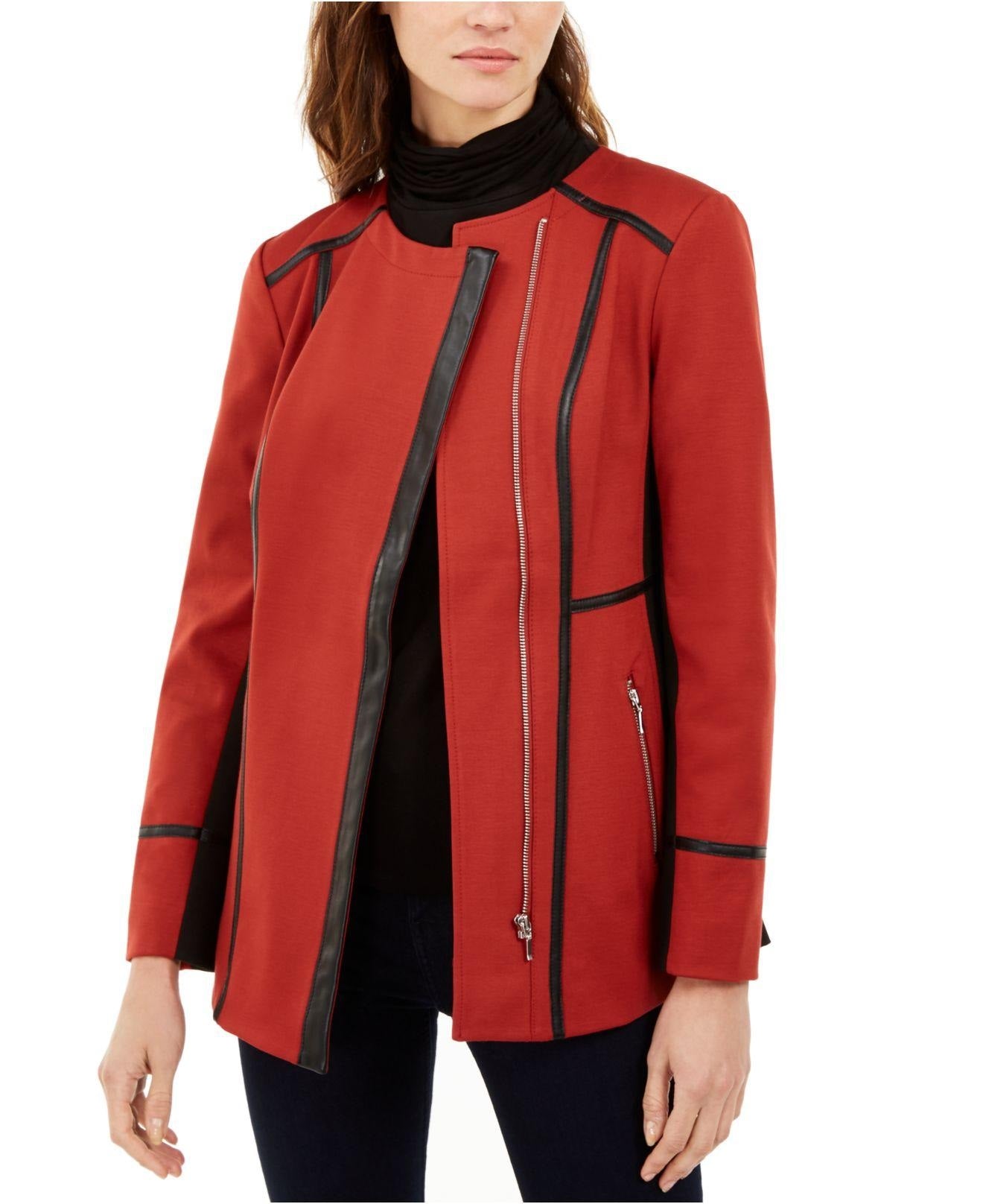 INC International Concepts Women's Faux-Leather-Trim Moto Jacket Size Large
