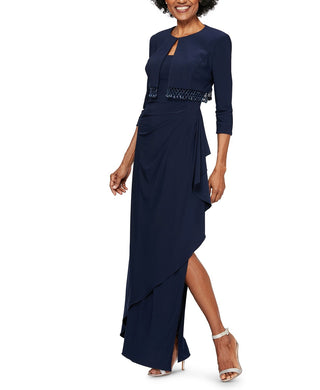 Alex Evenings Women's Ruched Gown With Bolero Dress Navy Size 6
