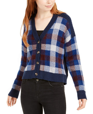 1.STATE Women's Plaid Button Front Crop Cardigan Blue