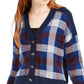 1.STATE Women's Plaid Button Front Crop Cardigan Blue