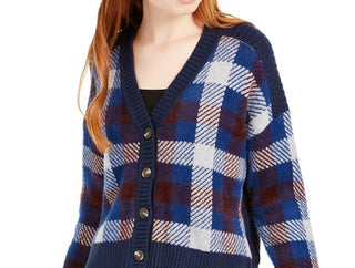 1.STATE Women's Plaid Button Front Crop Cardigan Blue
