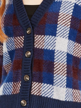 1.STATE Women's Plaid Button Front Crop Cardigan Blue