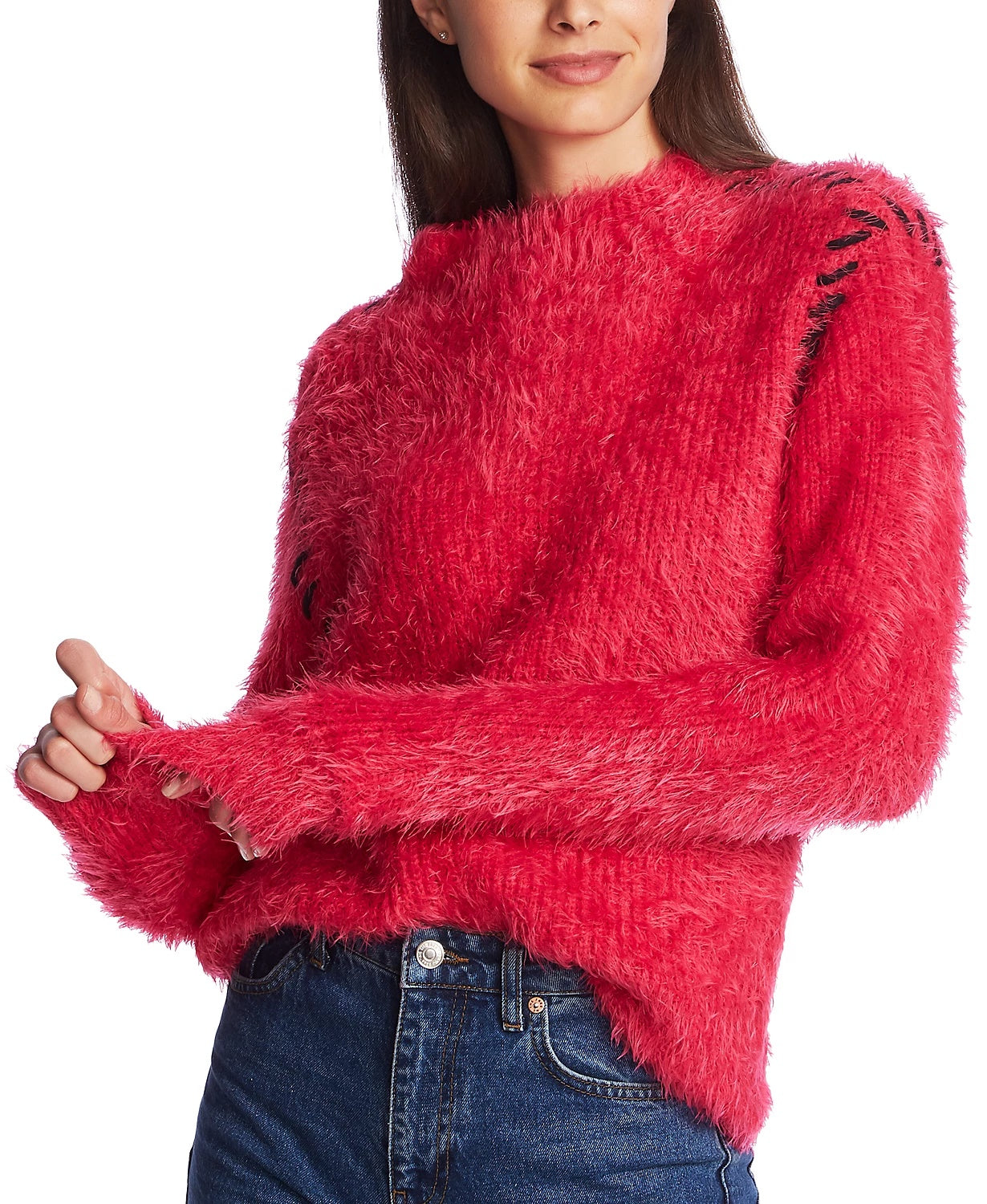 1.STATE Women's Eyelash Fringe Mockneck Sweater Pink