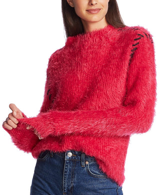 1.STATE Women's Eyelash Fringe Mockneck Sweater Pink