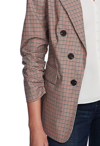 1.STATE Women's Minicheck Ruched Sleeve Blazer Brown