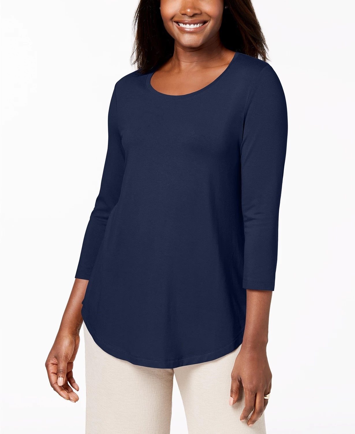 JM Collection Women's Petite Three-Quarter-Sleeve Top Blue Size Petite Medium