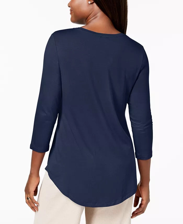 JM Collection Women's Petite Three-Quarter-Sleeve Top Blue Size Petite Medium