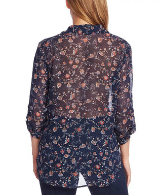 Vince Camuto Women's Ditsy Floral Shirred Shoulder Blouse Blue Size Extra Small