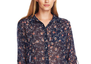 Vince Camuto Women's Ditsy Floral Shirred Shoulder Blouse Blue Size Extra Small