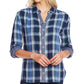 Vince Camuto Women's Roll Sleeve Plaid & Stripe Shirt Navy Size Small