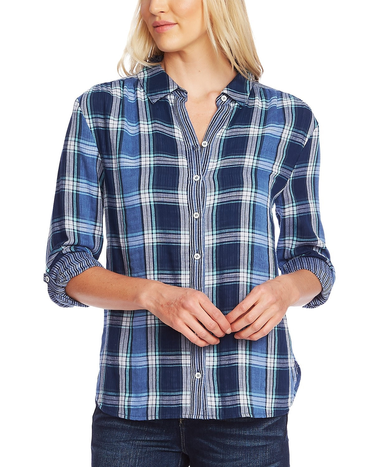 Vince Camuto Women's Roll Sleeve Plaid & Stripe Shirt Navy Size Small