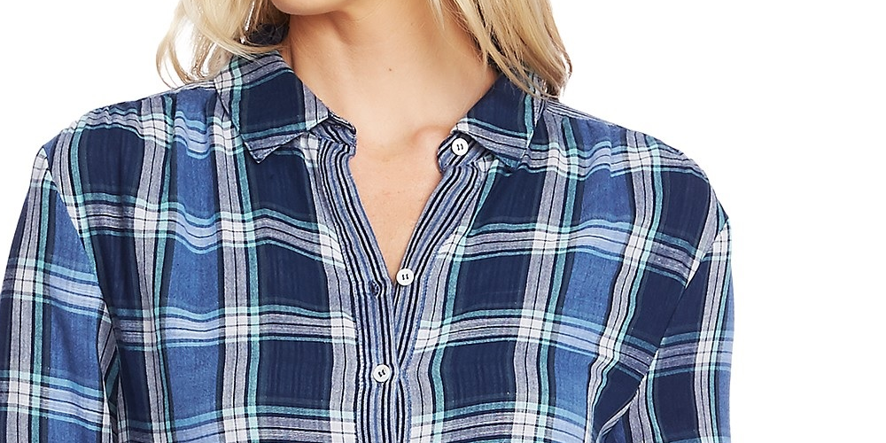 Vince Camuto Women's Roll Sleeve Plaid & Stripe Shirt Navy Size Small
