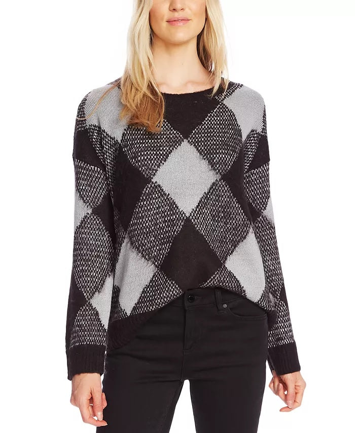 Vince Camuto Women's Fuzzy Argyle Sweater Grey Size X-Large