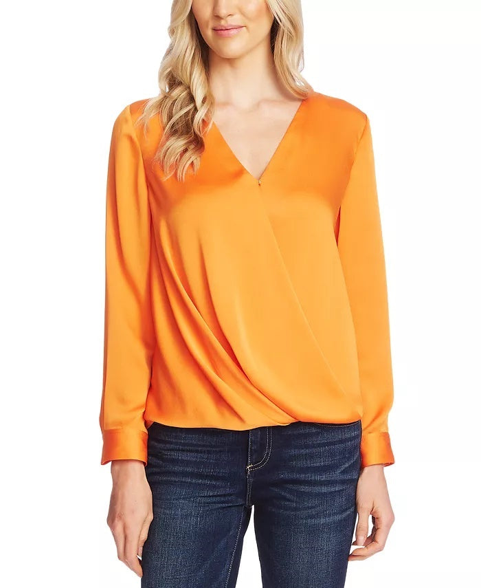 Vince Camuto Women's Faux Wrap Satin Blouse Orange Size X-Small