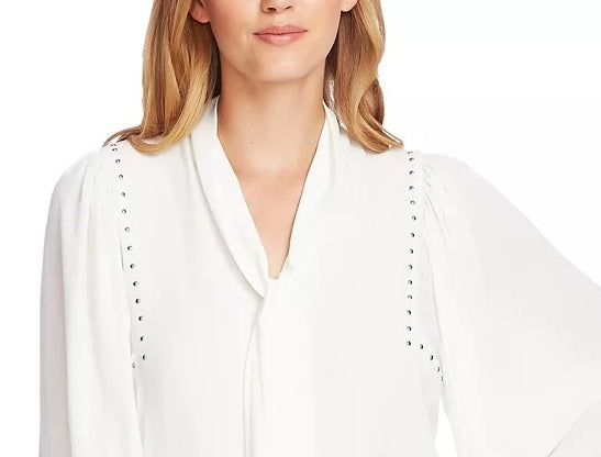 Vince Camuto Women's Stud Detail Tie Neck Long Sleeve Georgette Blouse Ivory White Size Small