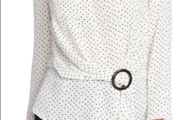 Vince Camuto Women's Ditsy Fragments Long Sleeve Belted Top White Size Small