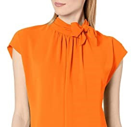 Vince Camuto Women's Shirred Tie Neck Blouse Orange Orange Size Small