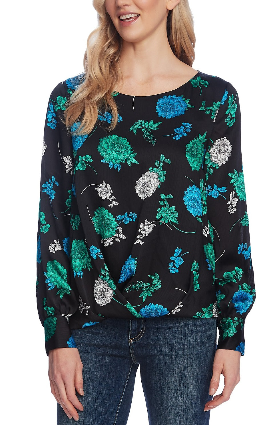 Vince Camuto Women's Floral-Print Foldover-Hem Top Black Size Large