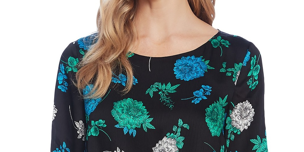 Vince Camuto Women's Floral-Print Foldover-Hem Top Black Size Large