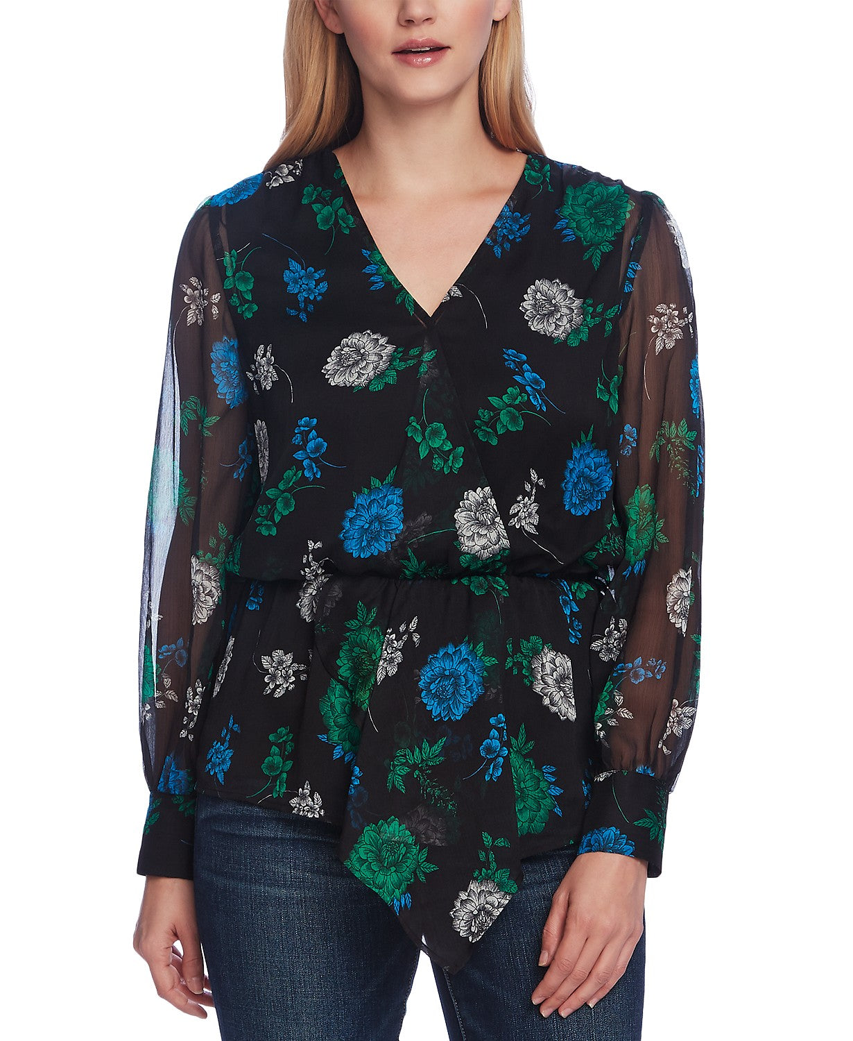 Vince Camuto Women's Floral-Print Cinched-Waist Top Black Size Large