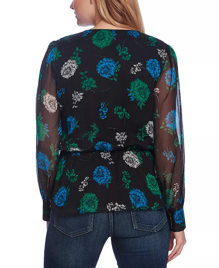 Vince Camuto Women's Floral-Print Cinched-Waist Top Black Size Large