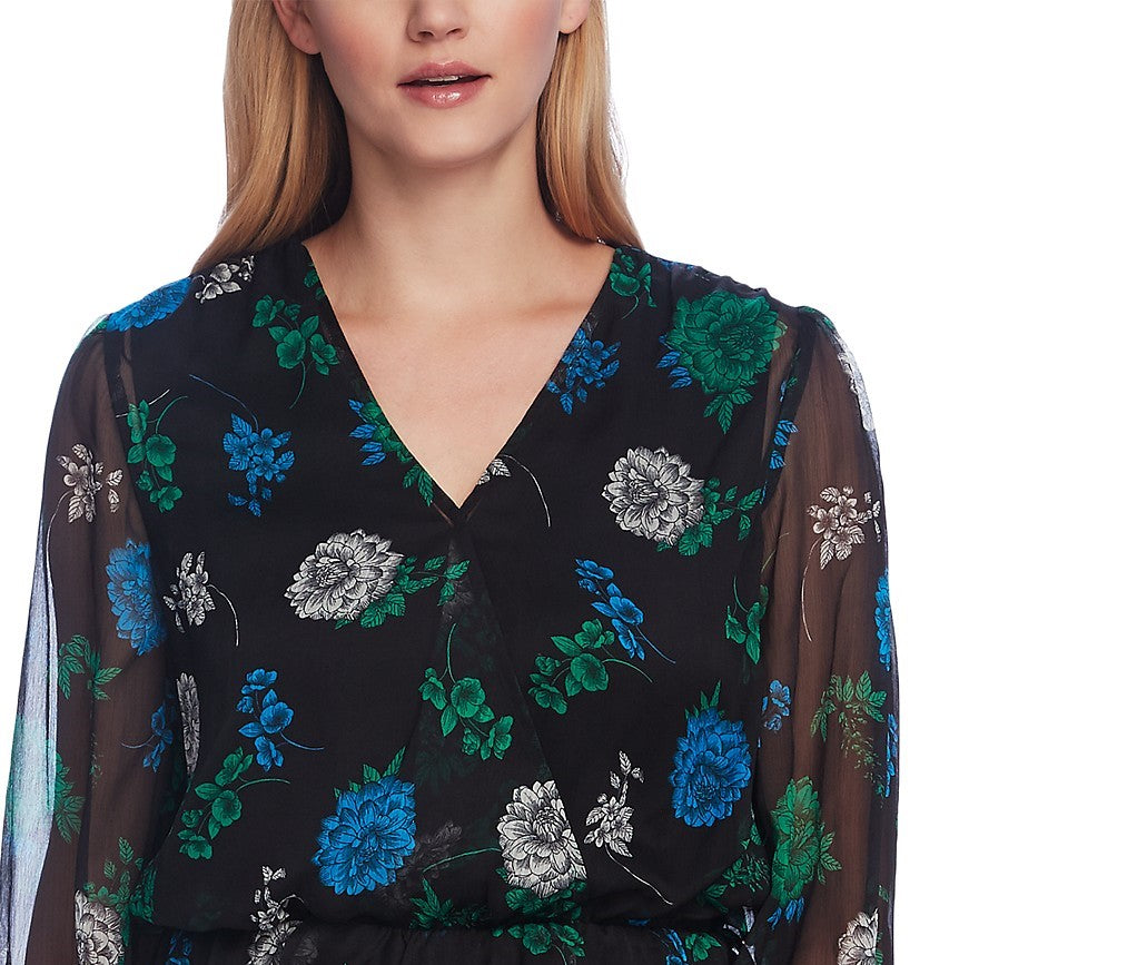 Vince Camuto Women's Floral-Print Cinched-Waist Top Black Size Large