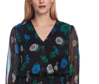 Vince Camuto Women's Floral-Print Cinched-Waist Top Gray Size Medium
