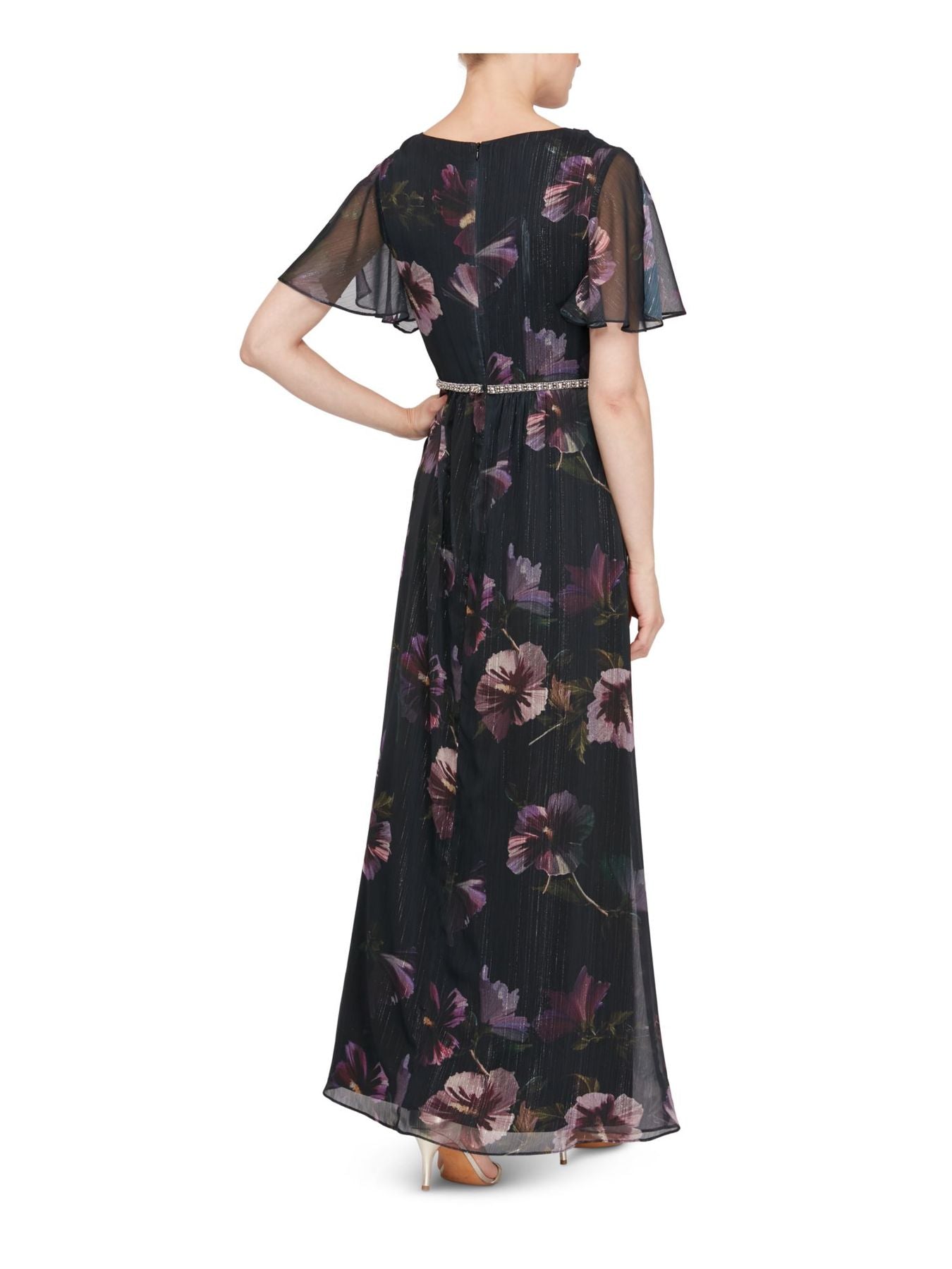 LSNY Fashions Women's Cowl Neck Short Sleeve Beaded Waist Floral Dress Navy Size 10P