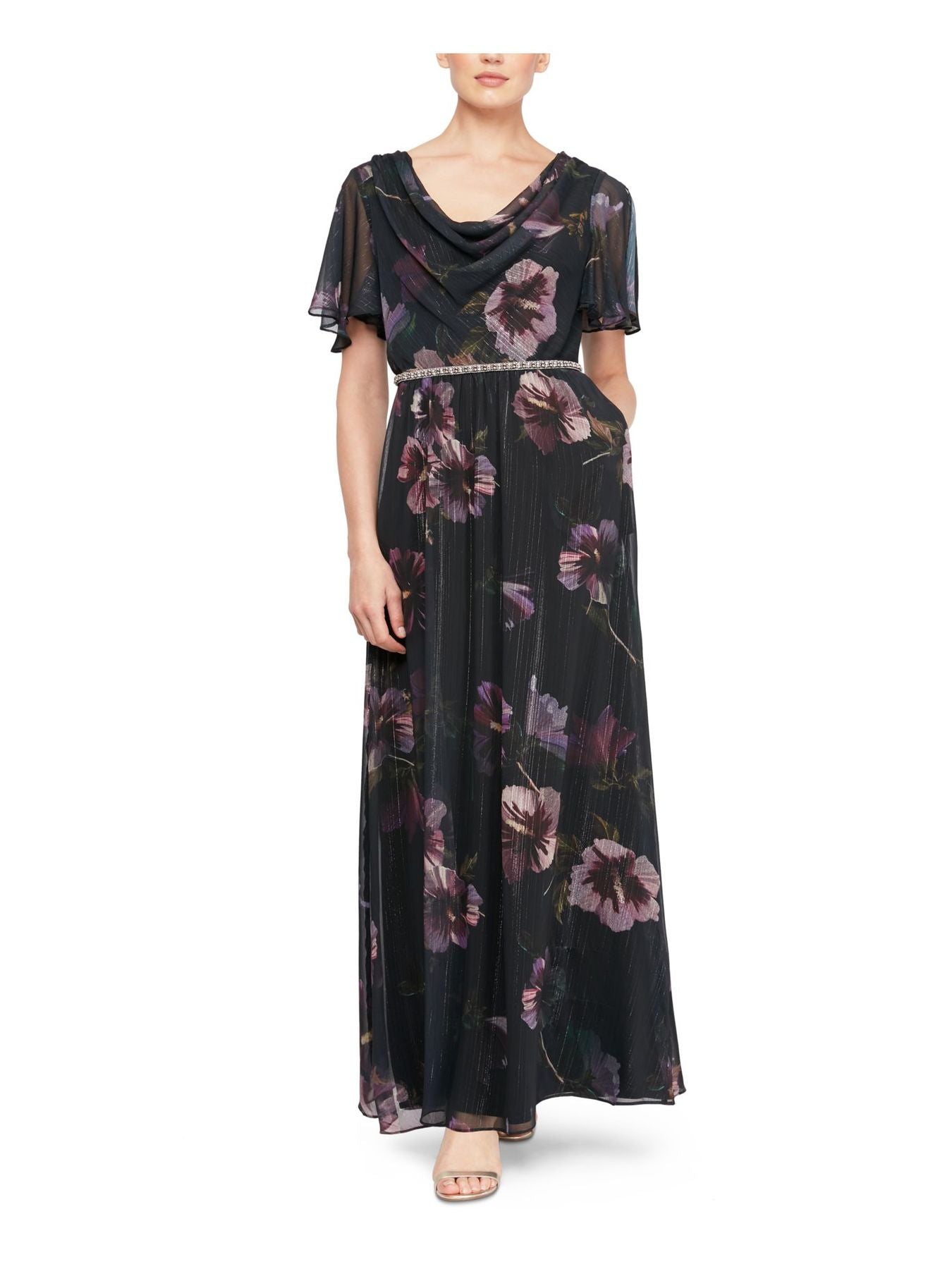 LSNY Fashions Women's Cowl Neck Short Sleeve Beaded Waist Floral Dress Navy Size 14P