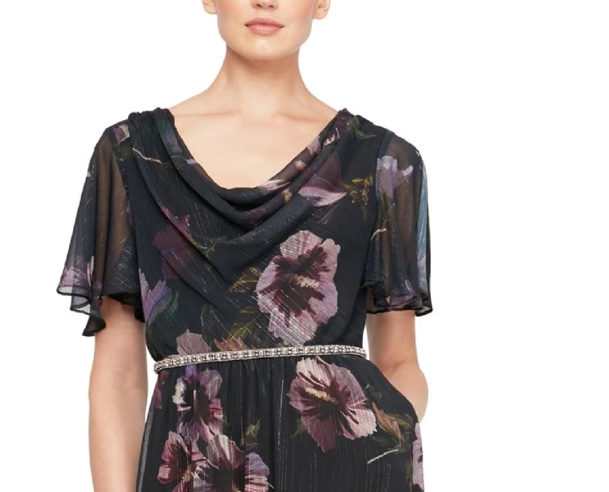 LSNY Fashions Women's Cowl Neck Short Sleeve Beaded Waist Floral Dress Navy Size 14P
