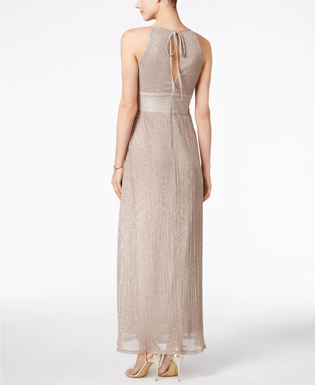 R & M Richards Women's Metallic Knit Keyhole Halter Gown Gold Size 14