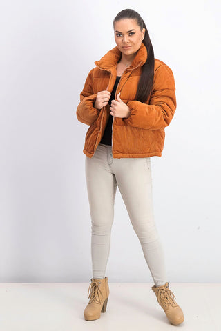 Collection B Juniors' Cropped Corduroy Puffer Coat Ocre Size Small