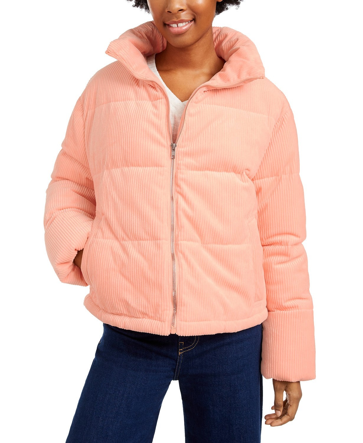 Collection B Juniors' Cropped Corduroy Puffer Coat Pink Size Large