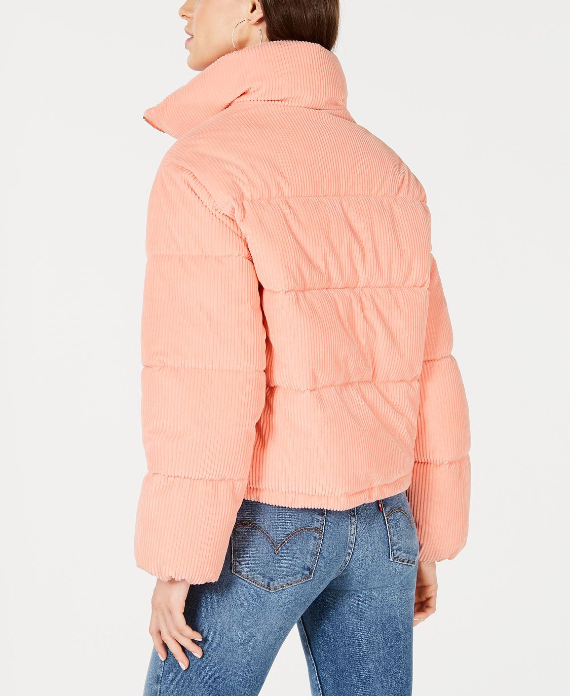 Collection B Juniors' Cropped Corduroy Puffer Coat Pink Size Medium