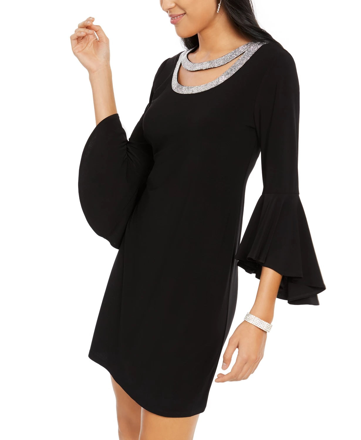 MSK Women's Rhinestone Trim Bell Sleeve Dress Black Size Small
