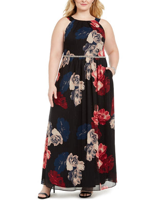 Sl Fashions Women's Plus Size Printed Bead-Waist Maxi Dress Black Size 18