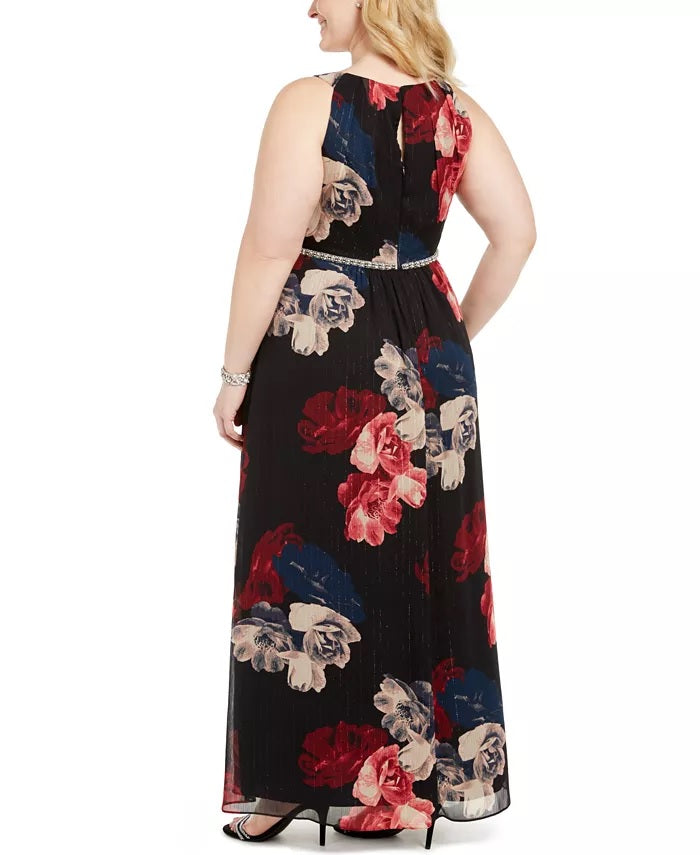 Sl Fashions Women's Plus Size Printed Bead-Waist Maxi Dress Black Size 18