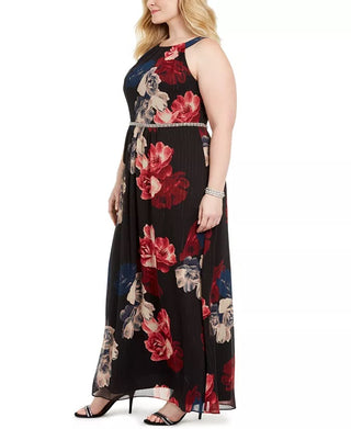 Sl Fashions Women's Plus Size Printed Bead-Waist Maxi Dress Black Size 18