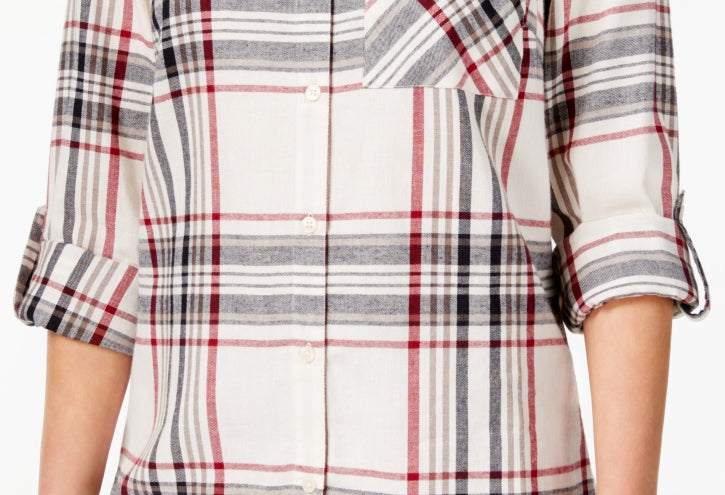 Style & Co Women's Plaid Single Pocket Button Down White Top Size -0X