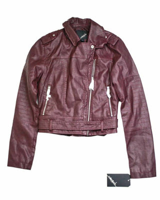 Collection B Juniors' Faux-Leather Belted Moto Jacket Wine Size Medium