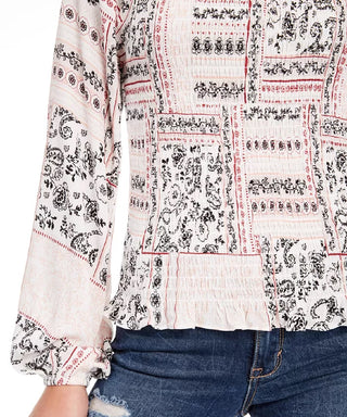 American Rag Juniors' Printed Smocked Poet-Sleeved Blouse White Size Medium