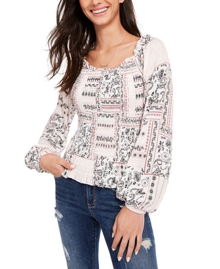 American Rag Juniors' Printed Smocked Poet-Sleeved Blouse White Size Medium